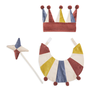 A three-piece multicoloured jester set with crown, ruff and wand 